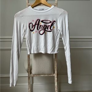 White Long Sleeve Angel Graphic Crop Top size S